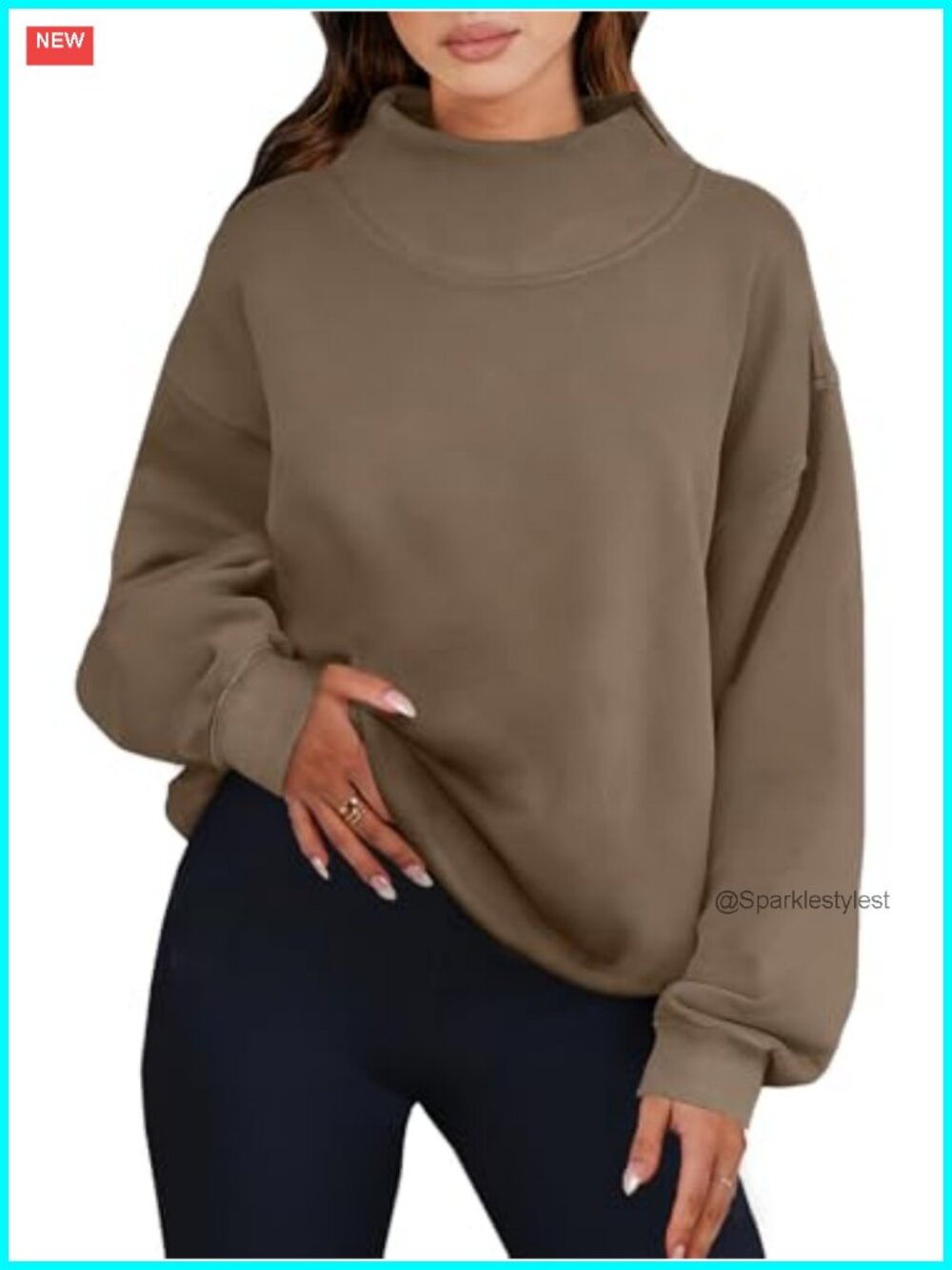 Oversized Mock Neck Pullover Sweatshirt Fleece Lined Drop Shoulder Women